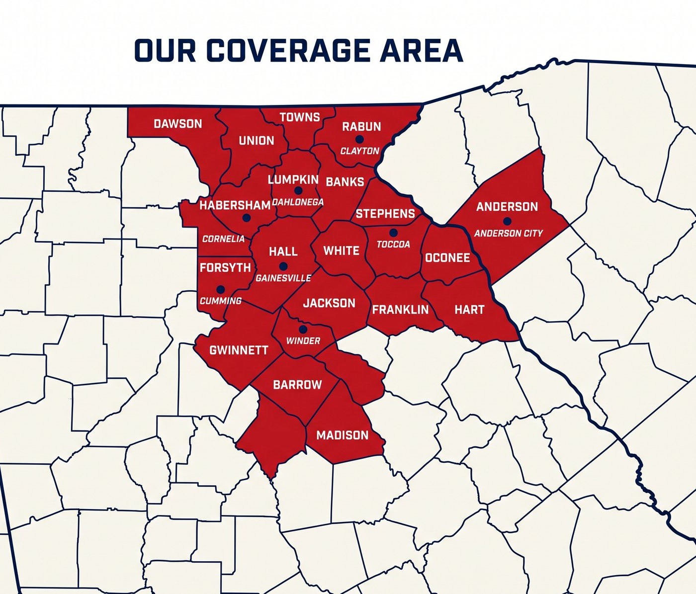 Map of Mitigation Nation’s coverage area across 17 counties in Northeast Georgia and 2 counties in the SC Upstate
